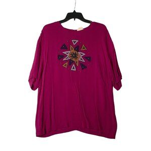 Vtg INFO Women Aztec Metallic Accents Blouse Top Magenta USA Made Cotton Blend